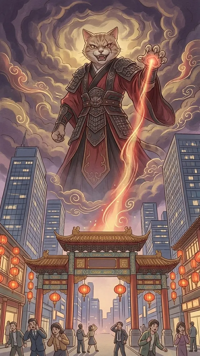 反人派的巨大貓神在雲中顯靈，街上的人驚恐仰望